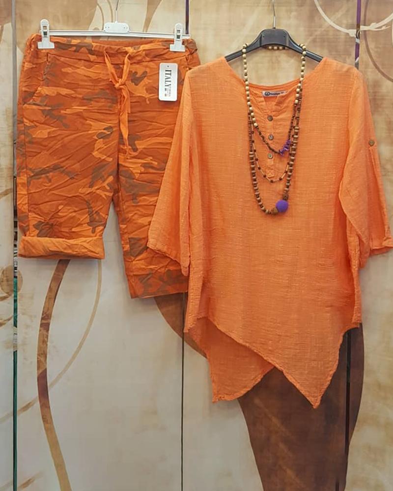 Orange Round Neck Half Sleeve Two Piece Set