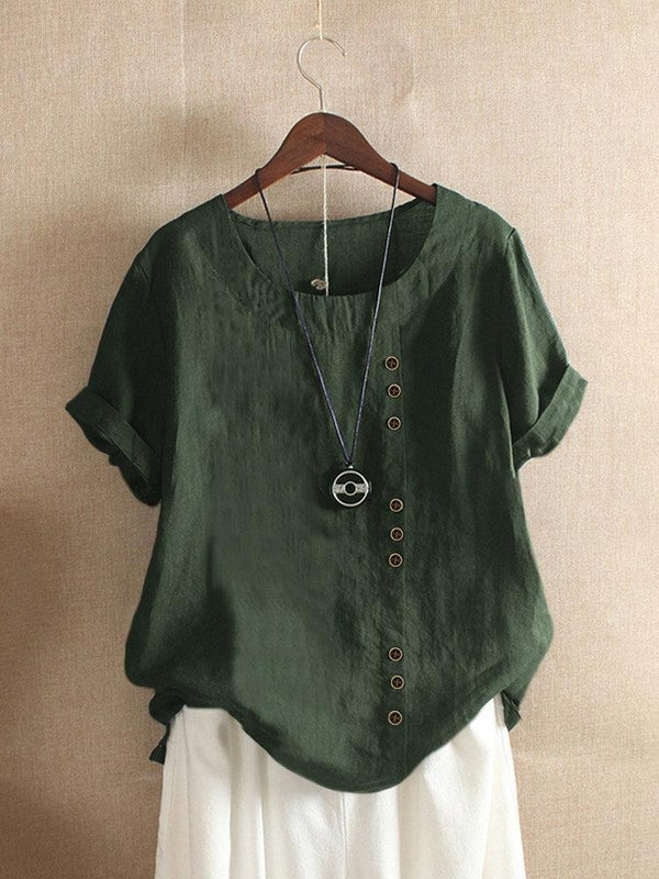 Women’s Casual Loose-Fit Cotton Short Sleeve Blouse with Side Buttons
