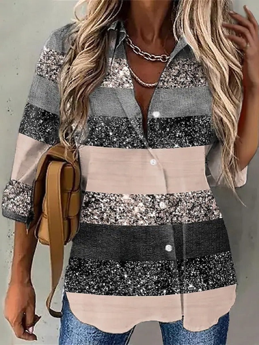 Lässige Bluse mit Stehkragen, Streifen und langen Ärmeln