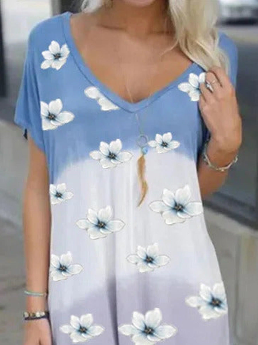 Floral V Neck Loosen Casual Short Sleeve Knit Dress