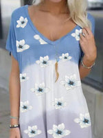Floral V Neck Loosen Casual Short Sleeve Knit Dress