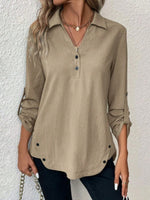 Notched Long Sleeve Plain Loose Blouse with Micro-Elasticity