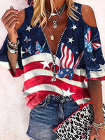 Independence Day America Flag V Neck Casual Blouse