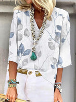 Chemisier blanc décontracté à col en V imprimé et manches 3/4