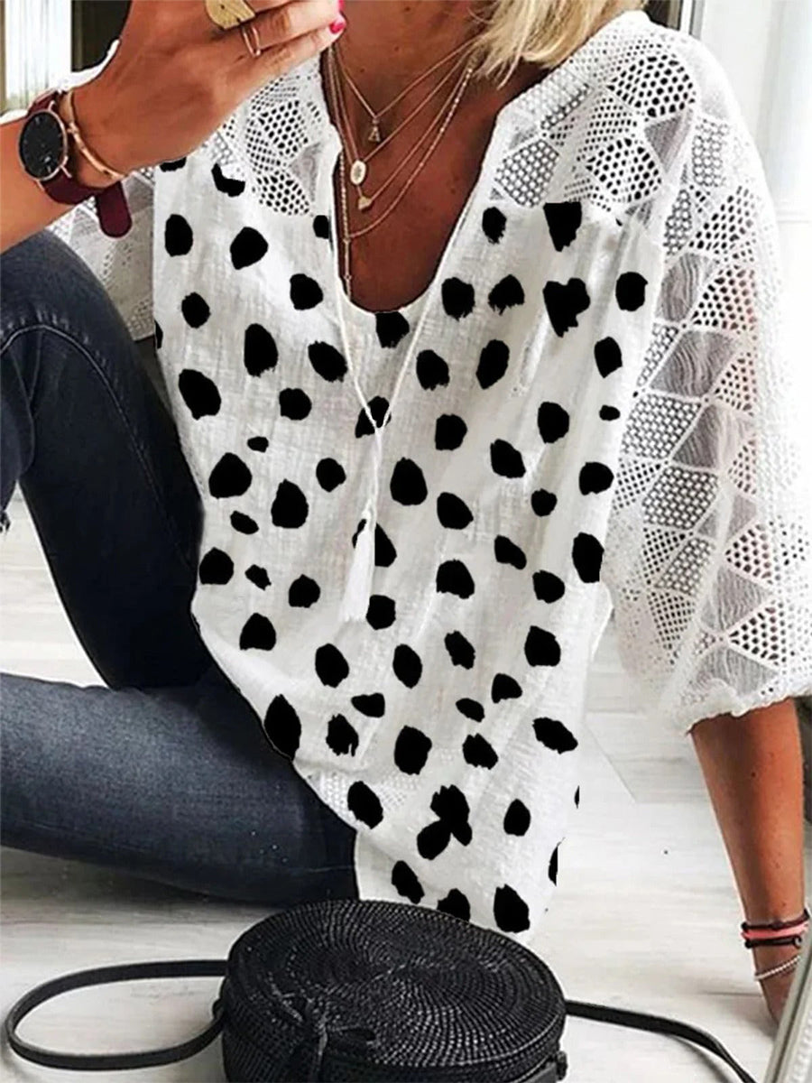 Lässige Bluse mit Polka-Dots, V-Ausschnitt und 3/4-Ärmeln