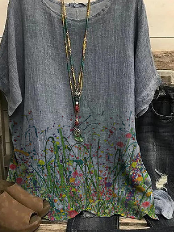 Crew Neck Casual Floral Print Short Sleeve Blouse