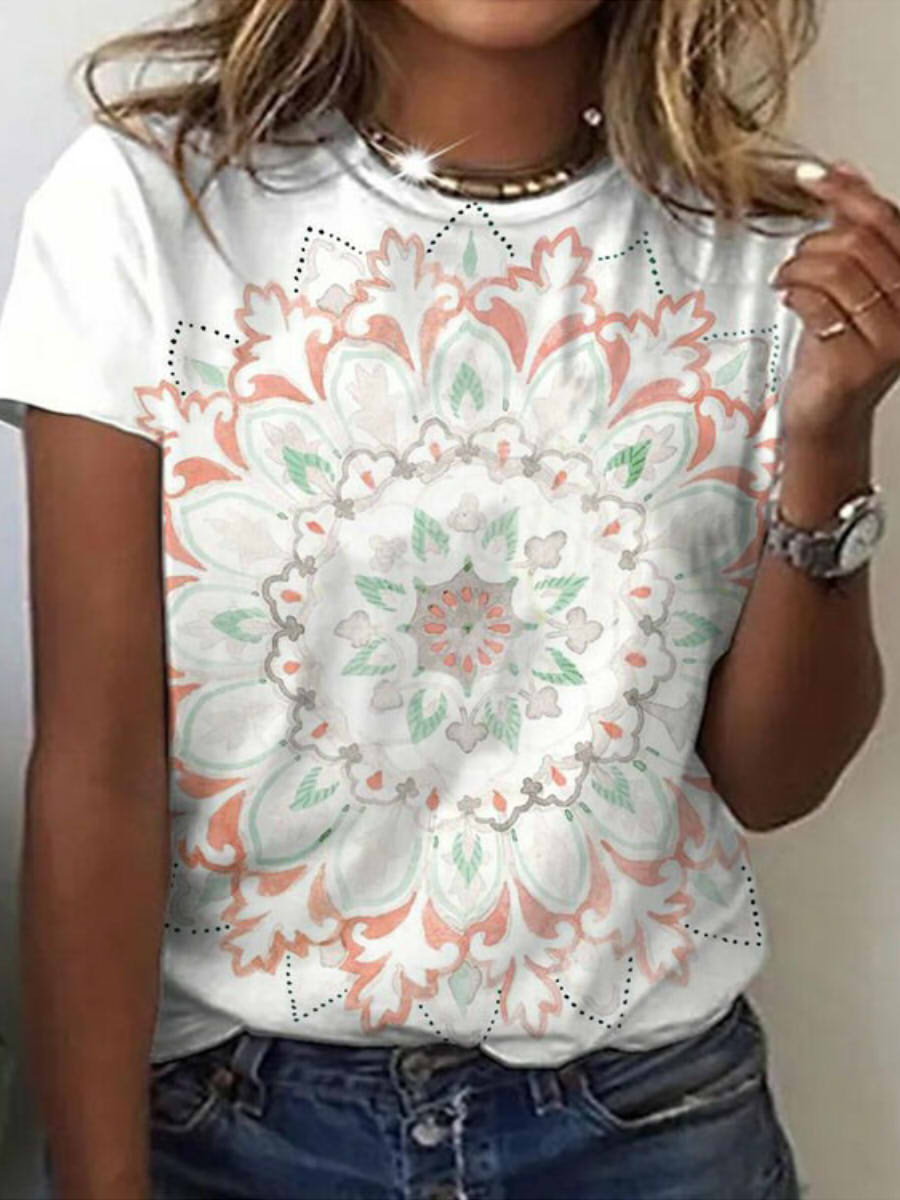 Lässiges Kurzarm-T-Shirt mit Mandala-Blumenmuster und Rundhalsausschnitt