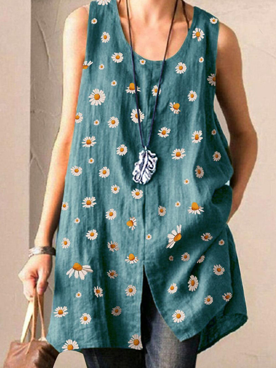 Daisy Print Split Round Neck Sleeveless Blue Tank Top