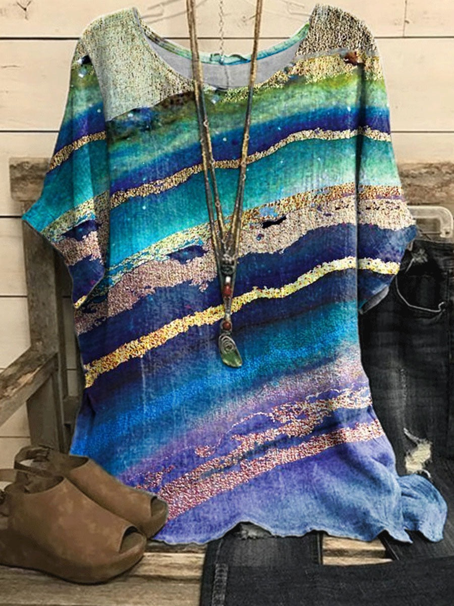 Blaue, lässige Kurzarmbluse mit Rundhalsausschnitt, Streifenmuster und kurzem Ärmel