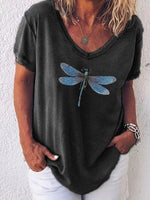 Dragonfly Printed Casual V-neck Short Sleeve T-shirt
