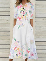 Elegant Floral Print V-neck Short Sleeve Side Pocket Midi Dress