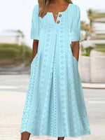 Women’s Casual Eyelet Short Sleeve Midi Dress with Pockets