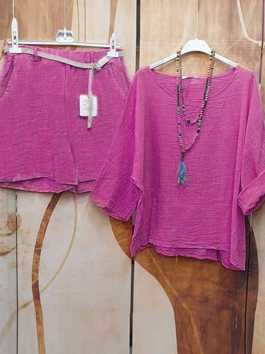 Ensembles deux pièces rose rouge décontractés à col rond et manches longues unies