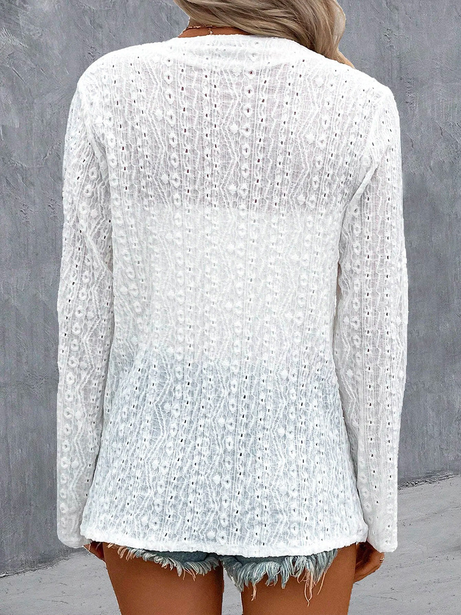 3/4 Sleeve Plain Embroidery Hollow Out Casual Loose Top