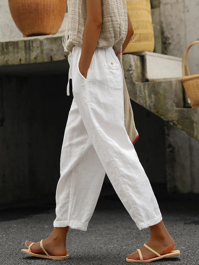 Women’s White Loose Cotton Drawstring Pants With Pockets