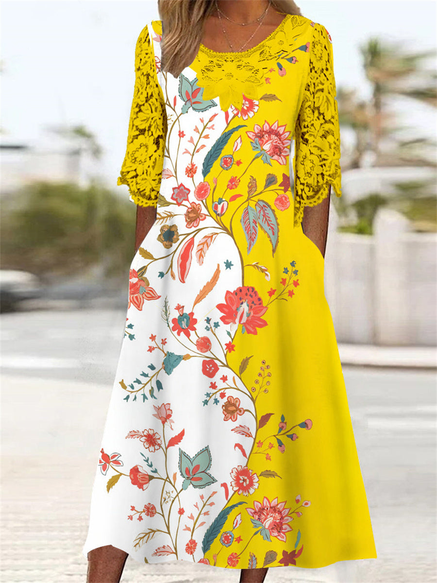 Robe midi à manches 3/4 et col rond pour femme, imprimée de fleurs et ornée de dentelle.