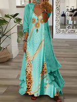 Robe longue deux pièces à manches longues et col en V pour femme, imprimée graphique