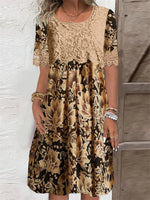 Robe midi à manches courtes et col rond en dentelle imprimée de fleurs pour femme