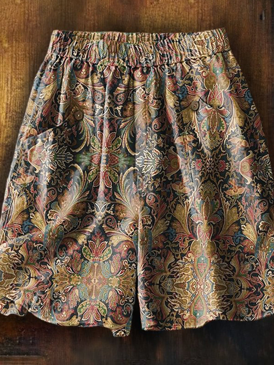 Short décontracté à poches imprimé totem ethnique rétro pour femme