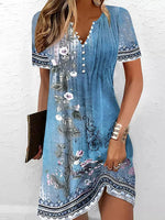 Robe courte bohème à manches courtes et col en V à imprimé floral pour femme
