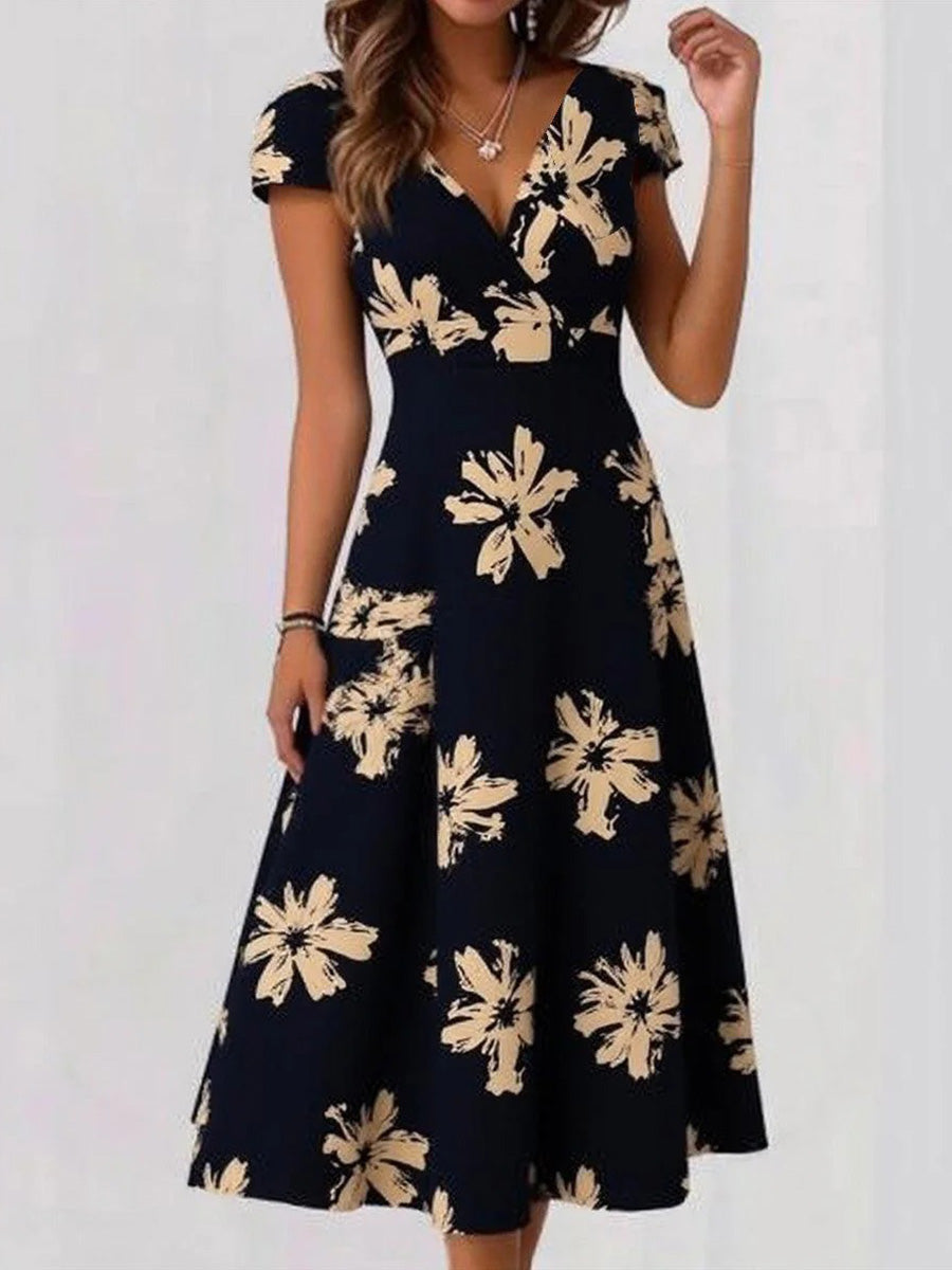 Modernes schwarzes Midikleid mit V-Ausschnitt und kurzen Ärmeln