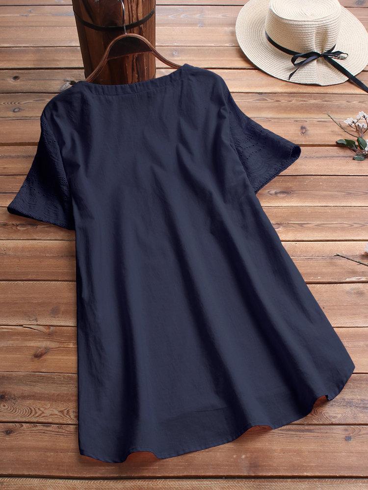 Bohemian Embroideried Short Sleeve Button Casual Blouse