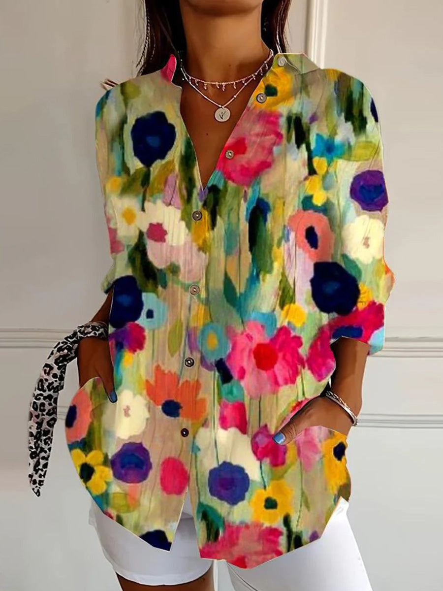 Elegant Floral Print Collared Long Sleeve Shirt