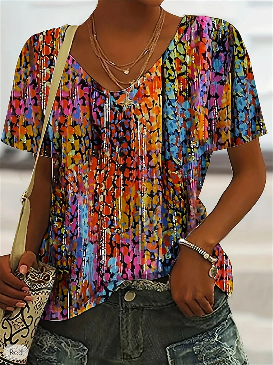 T-shirt à manches courtes et col en V à imprimé abstrait pour femme