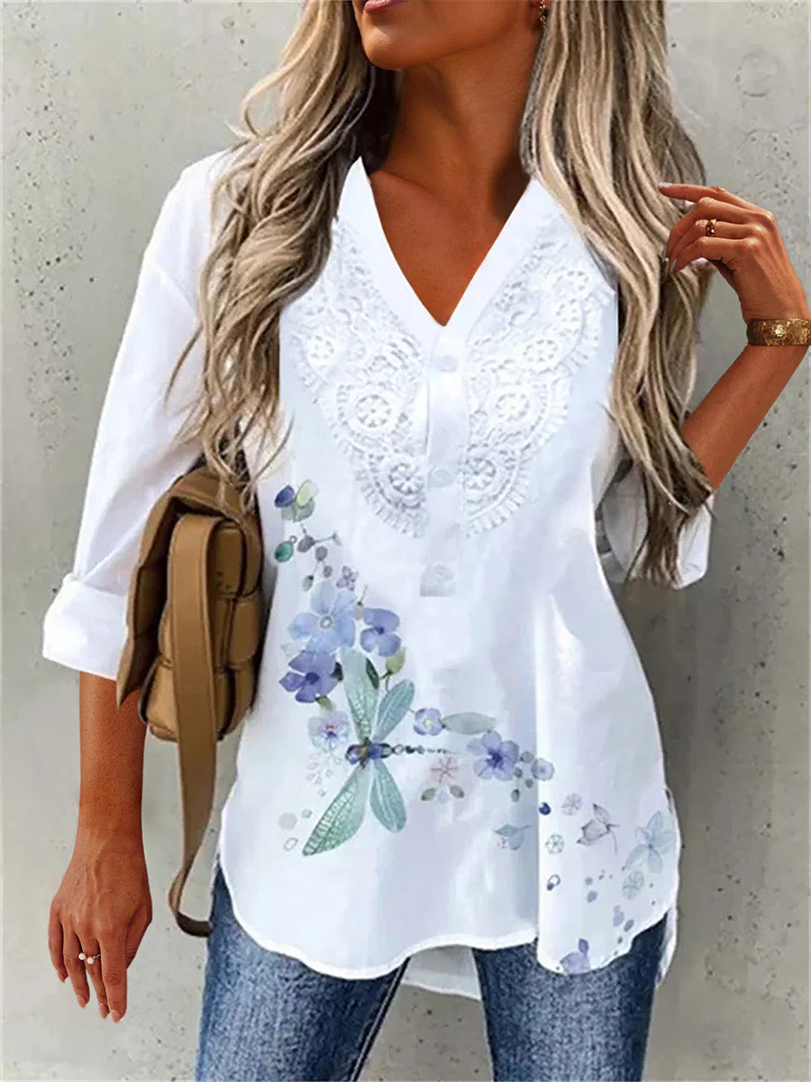 Dragonfly Floral Print V-neck Buttons Lace Blouse