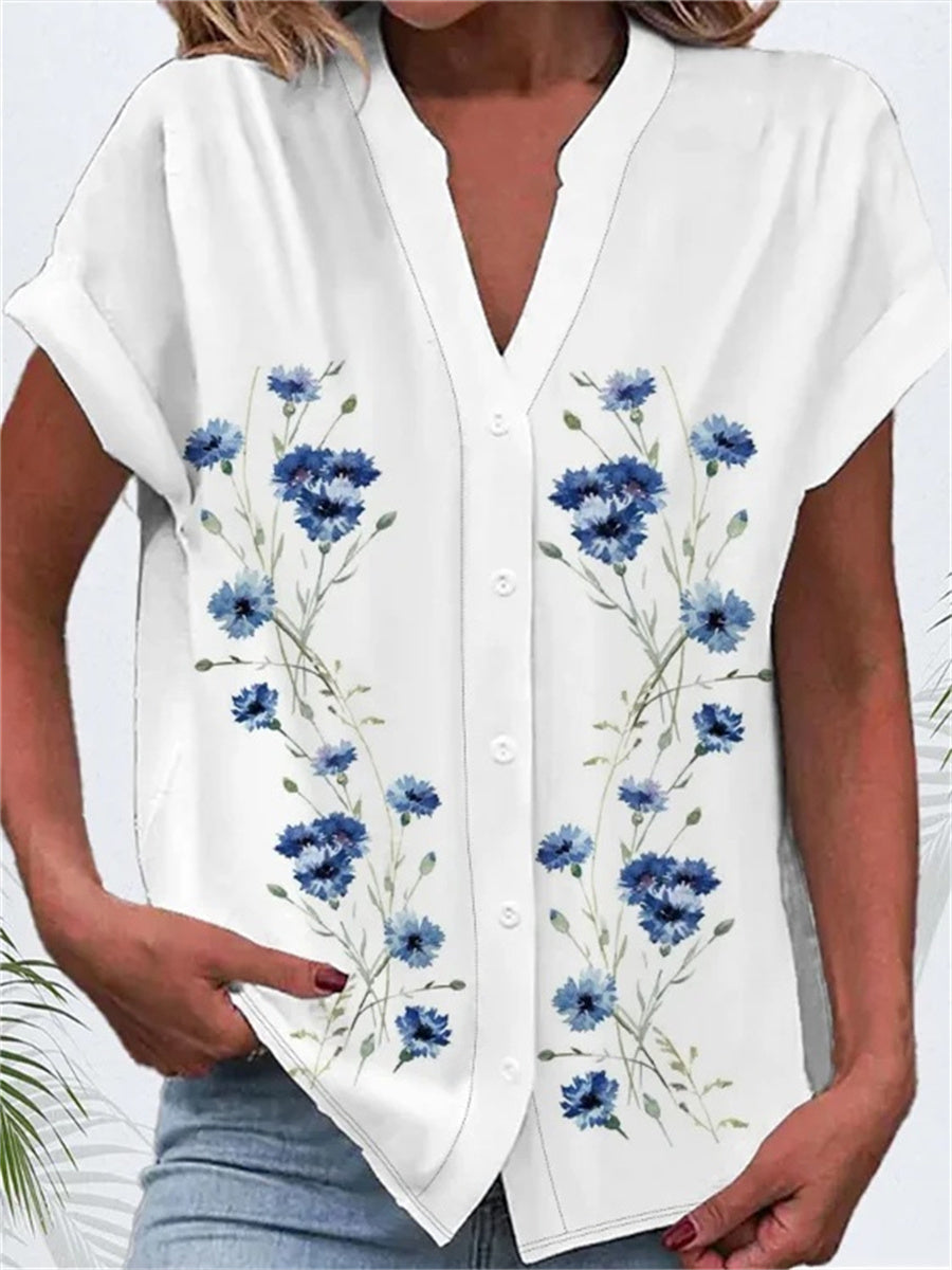 Chemise à manches courtes et col en V à imprimé floral pour femme