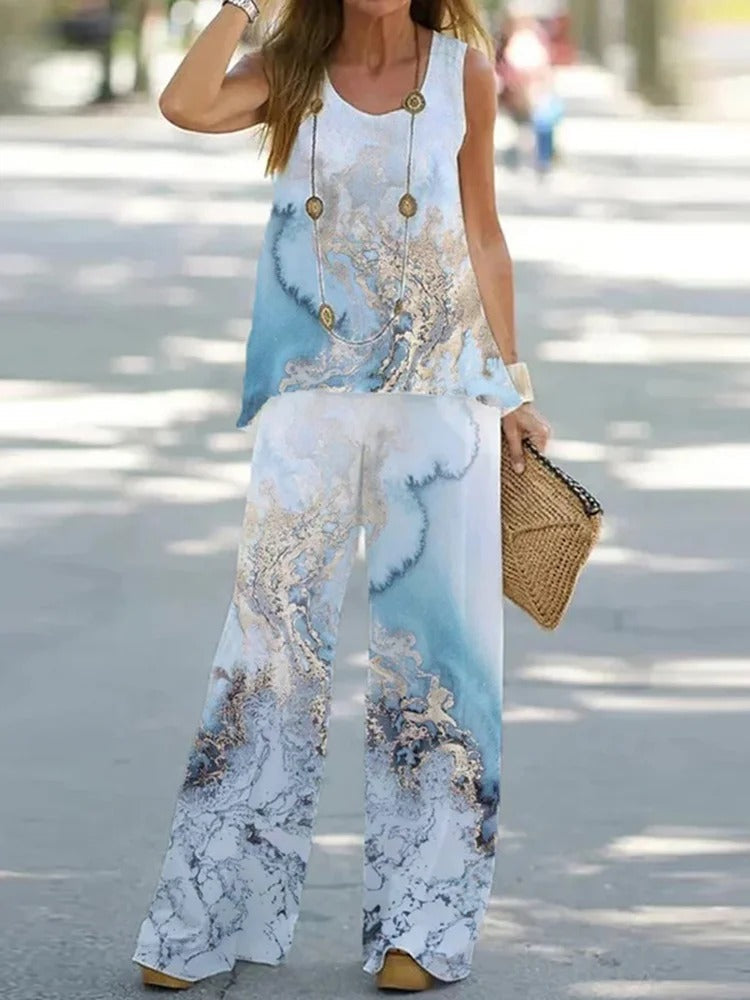 Light Blue Casual Round Neck Printed Loose Two Piece Sets