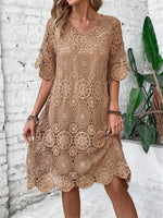 Khaki Lace Crew Neck Short Sleeve Hollow Out Short Dress