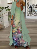 Floral Print V-neck 3/4 Sleeve Maxi Dress With Outerwear