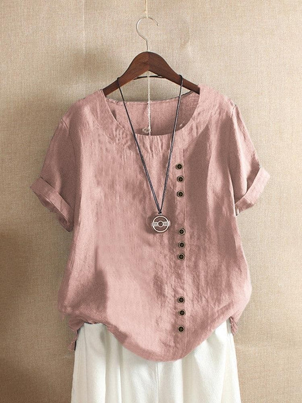 Women’s Casual Loose-Fit Cotton Short Sleeve Blouse with Side Buttons