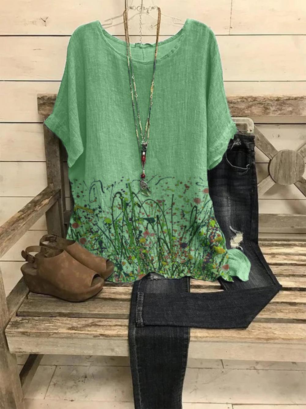 Chemisier décontracté à col rond et imprimé floral, manches courtes