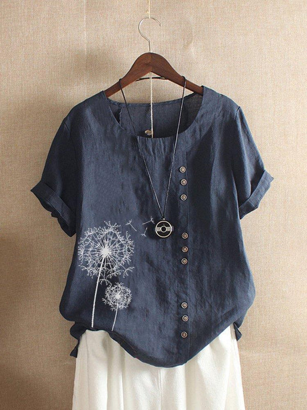 Vintage Print Flower Short Sleeve Button Blouse