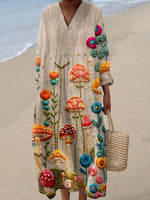 Floral Art Print V-neck Long Sleeve Dress