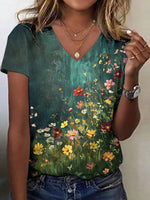 Modernes Kurzarm-Top mit Blumenmuster, V-Ausschnitt und Top