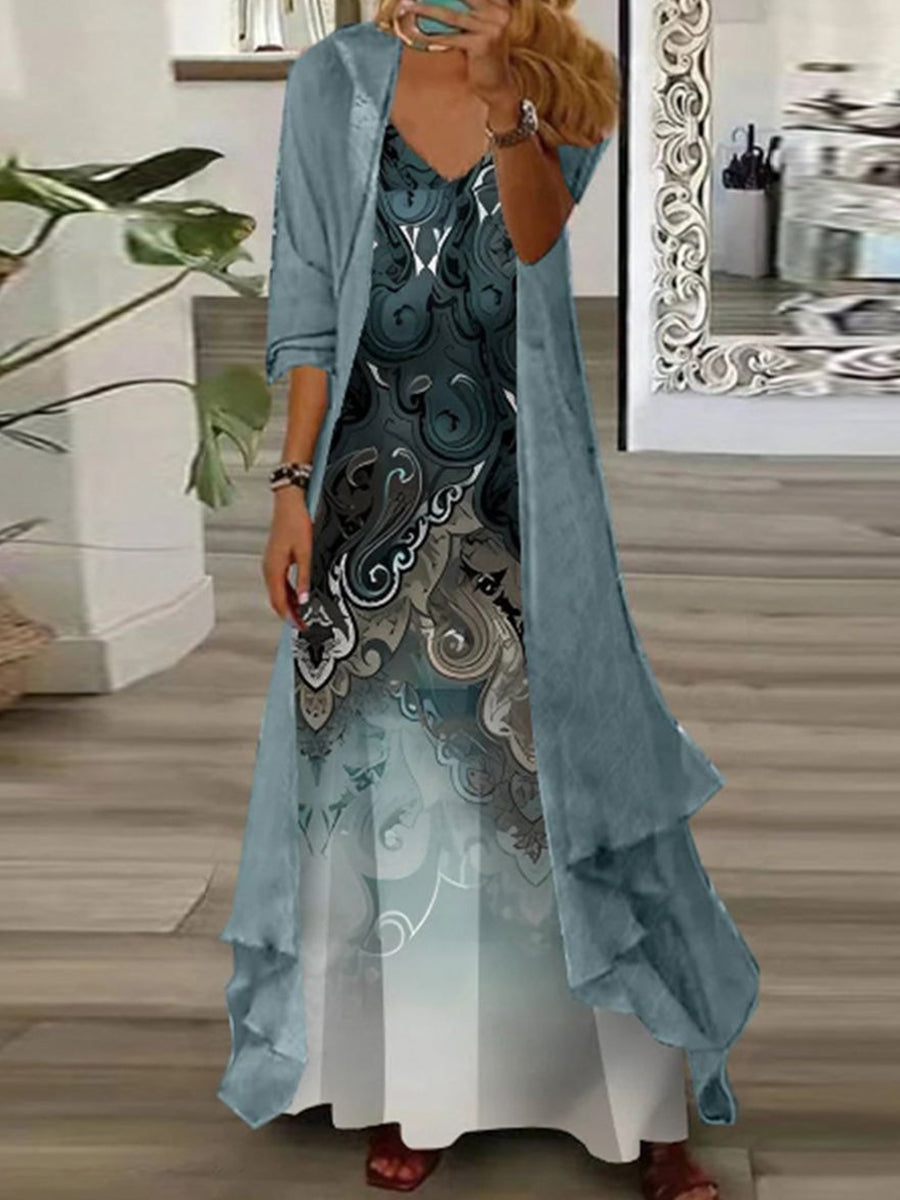 Fresh V-Neck Maxi Dress With Outerwear