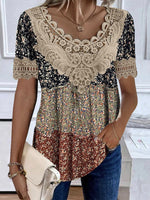 Disty Floral Lace Loose V Neck Short Sleeve Shirt