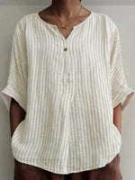 Chemisier blanc abricot décontracté à col en V et imprimé à rayures et manches courtes