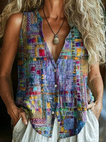 Vintage Colourful V-neck Sleeveless Blouse