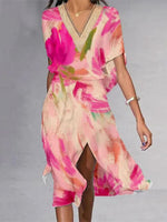 Robe midi rose poudré à manches longues et col en V