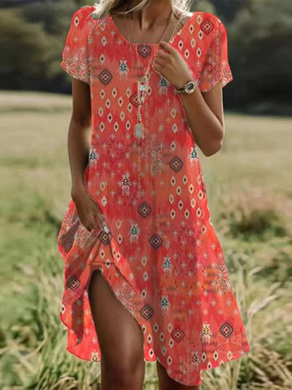 Women’s Boho Geometric Print Short Sleeve Casual Summer Dress