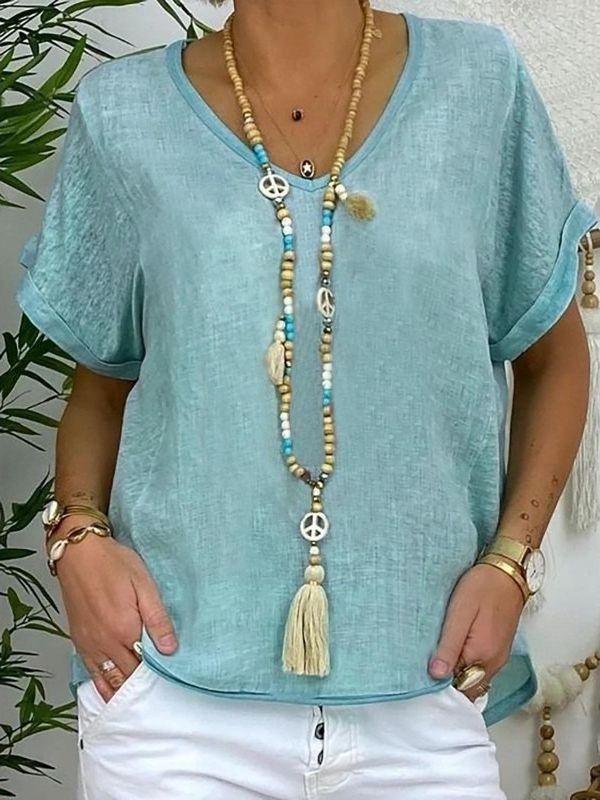 Chemisier uni décontracté à col V et manches courtes - Bleu