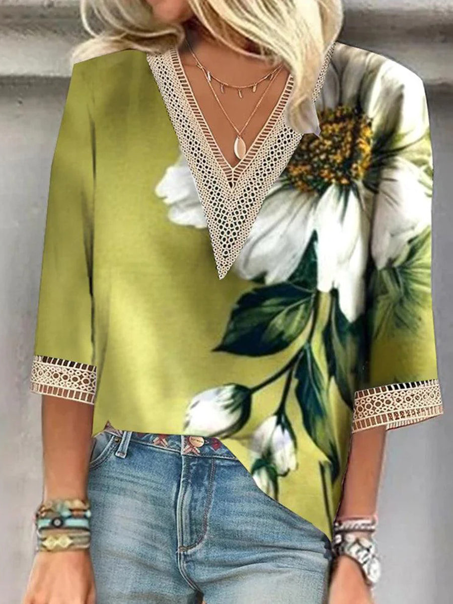 Haut à imprimé floral unique, col en V et manches 3/4