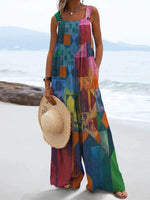 Vintage Plaid Splicing Print Casual Wide Leg Jumpsuit