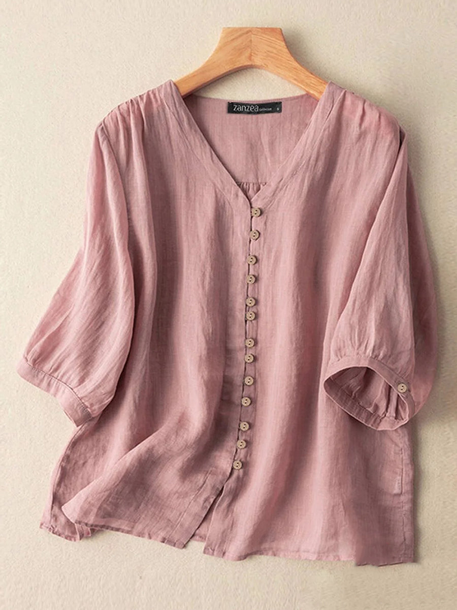Chemise femme unie à col en V, boutons sur le devant, en coton, manches 3/4
