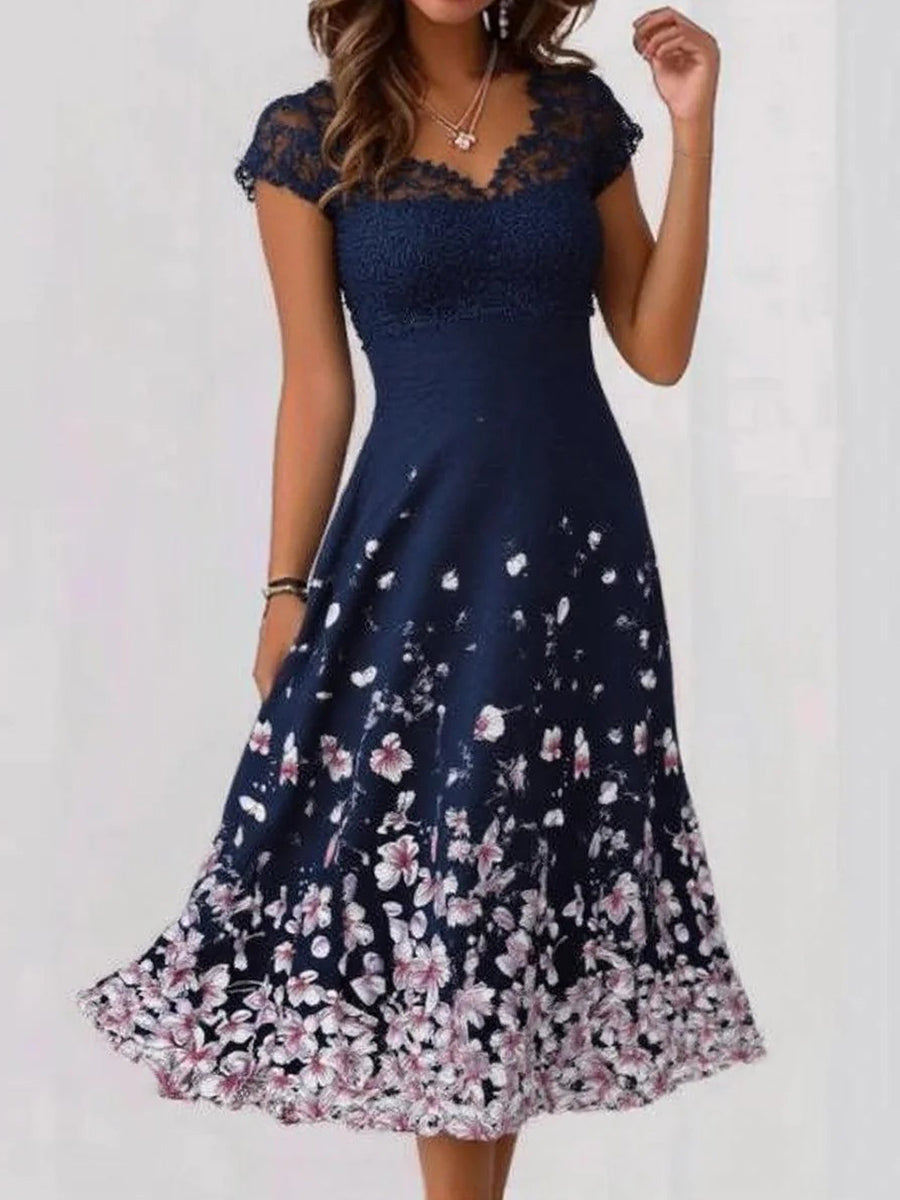 Robe midi bleue à imprimé floral tendance, col en V et manches courtes