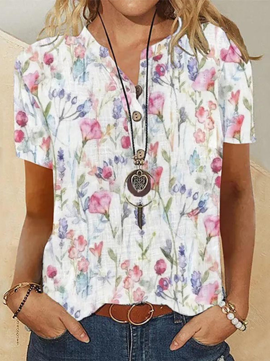 Chemisier d'été rose à fleurs et col en V